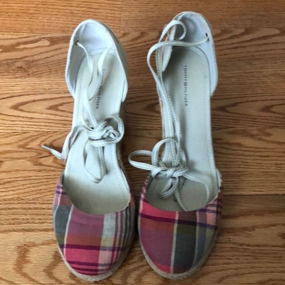 Tommy Hilfiger Espadrilles pink plaid high wedges size 10 - Picture 2 of 3